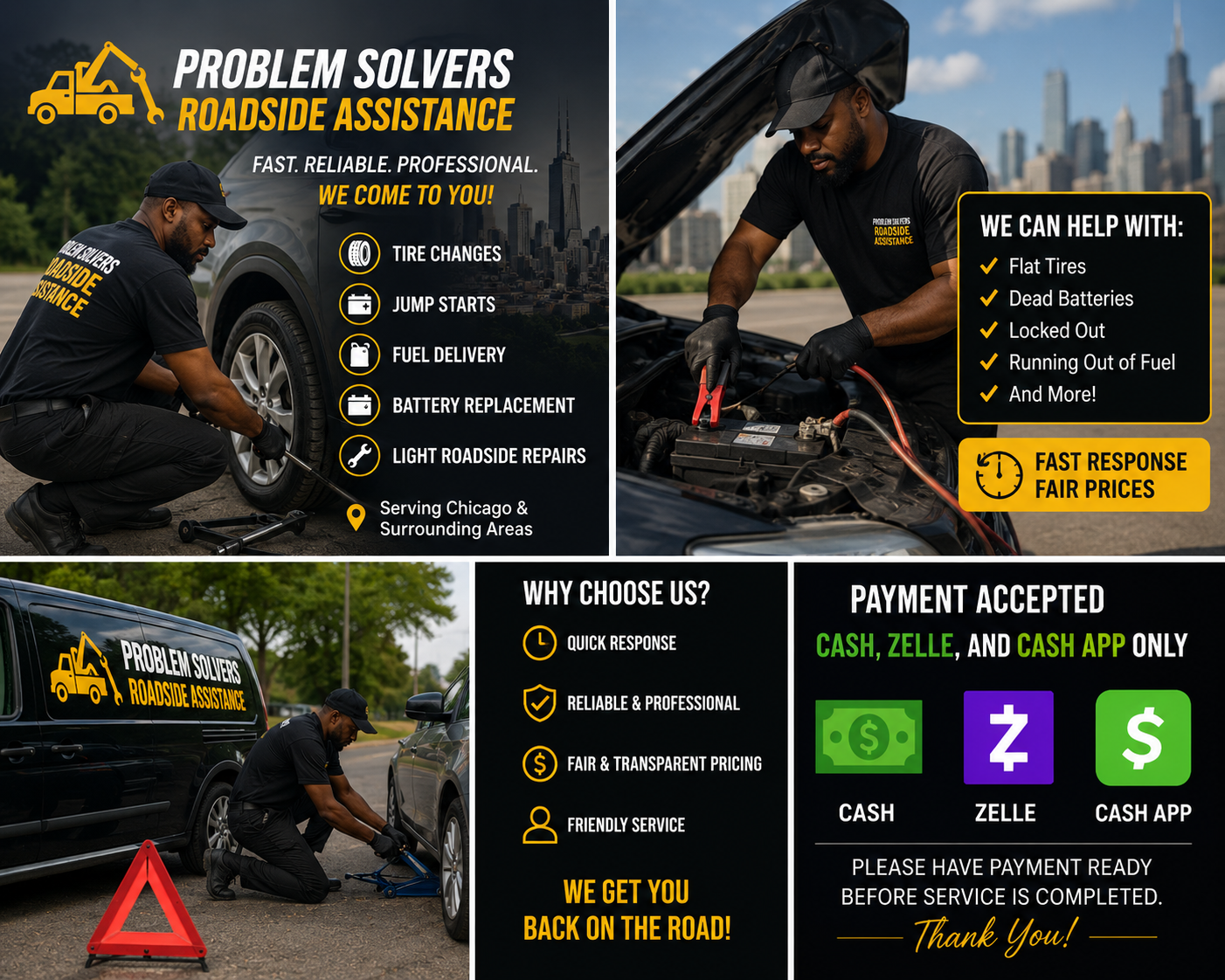 Problem Solvers Roadside Assistance service and payment information board
