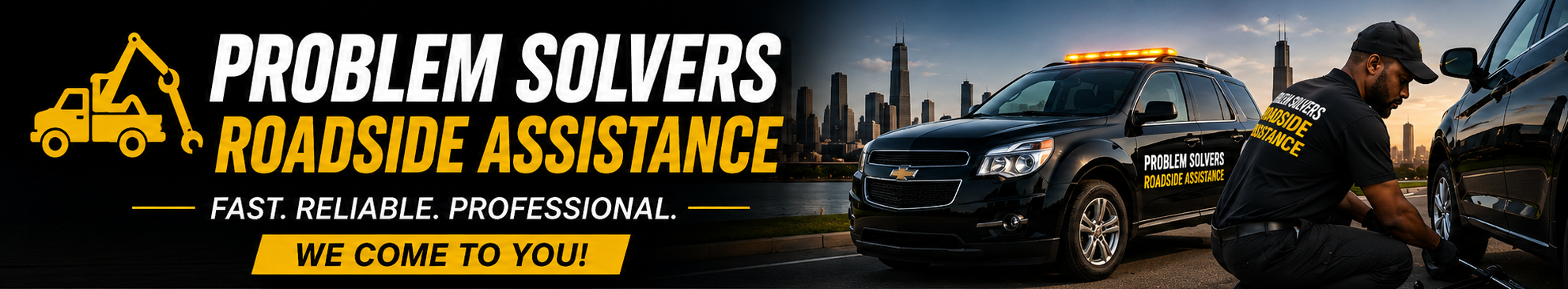 Problem Solvers Roadside Assistance hero banner with technician, service vehicle, and we come to you message